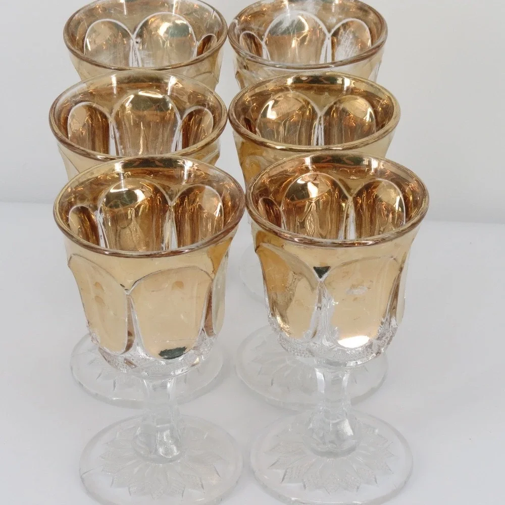EAPG US Glass Portland Gold Flashed Cordial Goblets Set of 6, Antique Barware